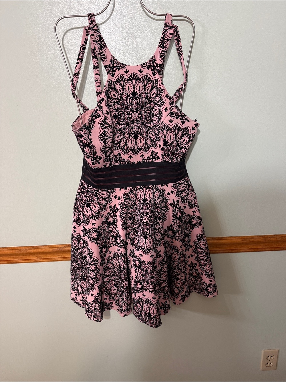 Pink and Black Damask Print Dress with Velvet with Strappy Back. Size:13